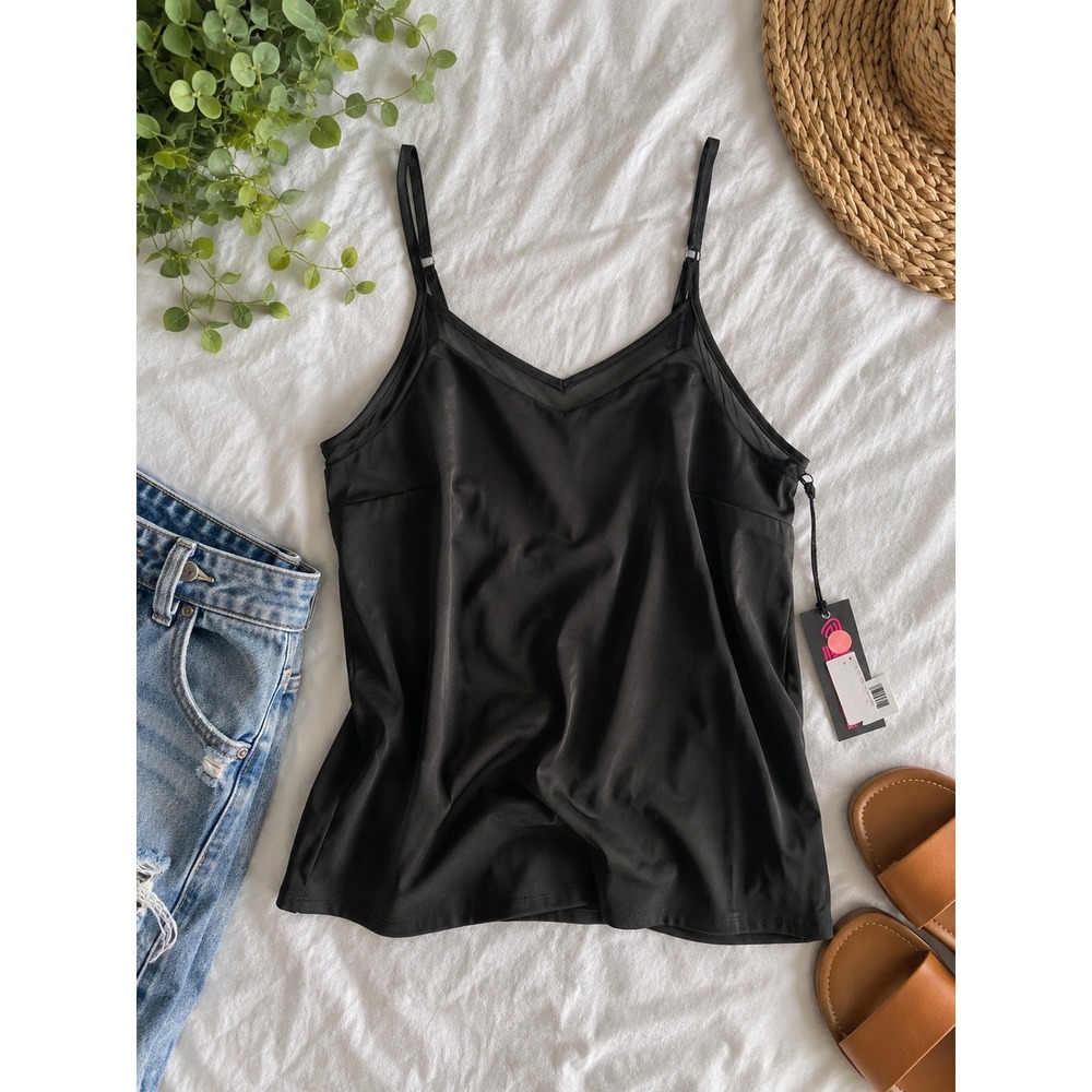 Rock and Roll Denim Womens Black Mesh Trim Cami Adjustable Strap Tank Top Small
